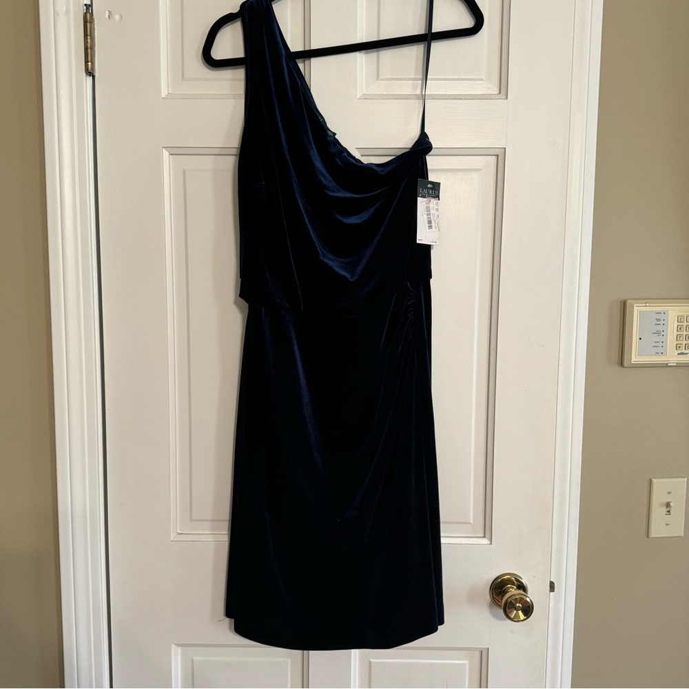 NWT Ralph Lauren Velvet One Shoulder Navy Dress